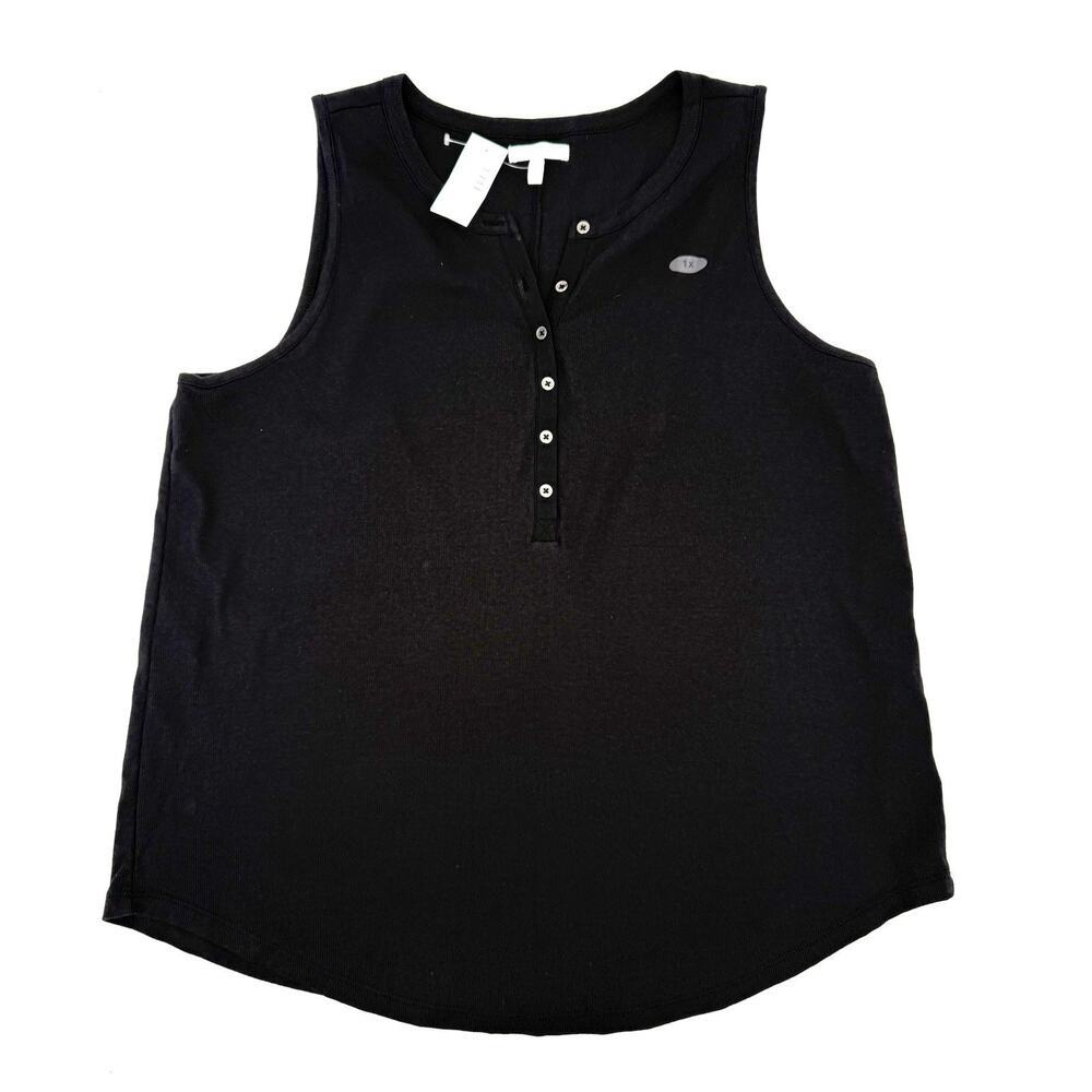 Maurices Size 1X Black Ribbed Henley 1/4 Button Tank Top Wide Strap Layering NWT